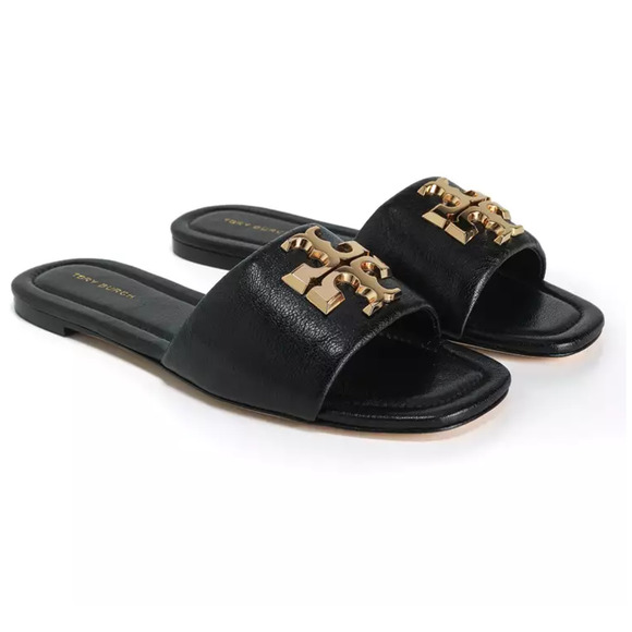 Tory Burch Eleanor Leather Slip On Flat Slide Sandal with Gold Logo Black US 6.5 - Picture 1 of 8